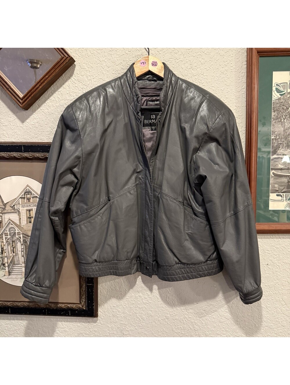 Vintage 80s/90s Bermans Leather Bomber Jacket Mens Medium Gray Zipper Lined